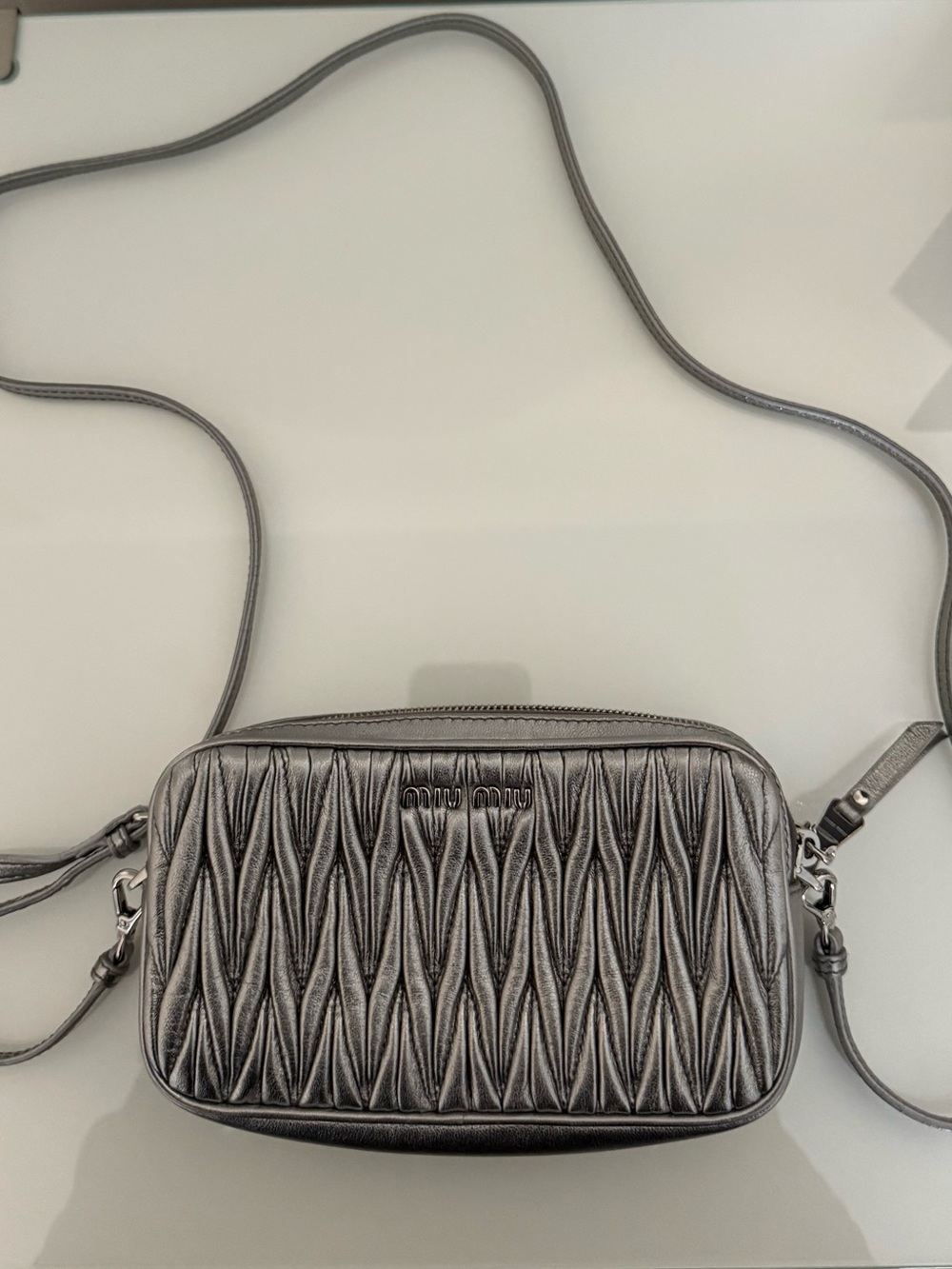 Miu Miu Metallic Silver Matelassé Crossbody Bag